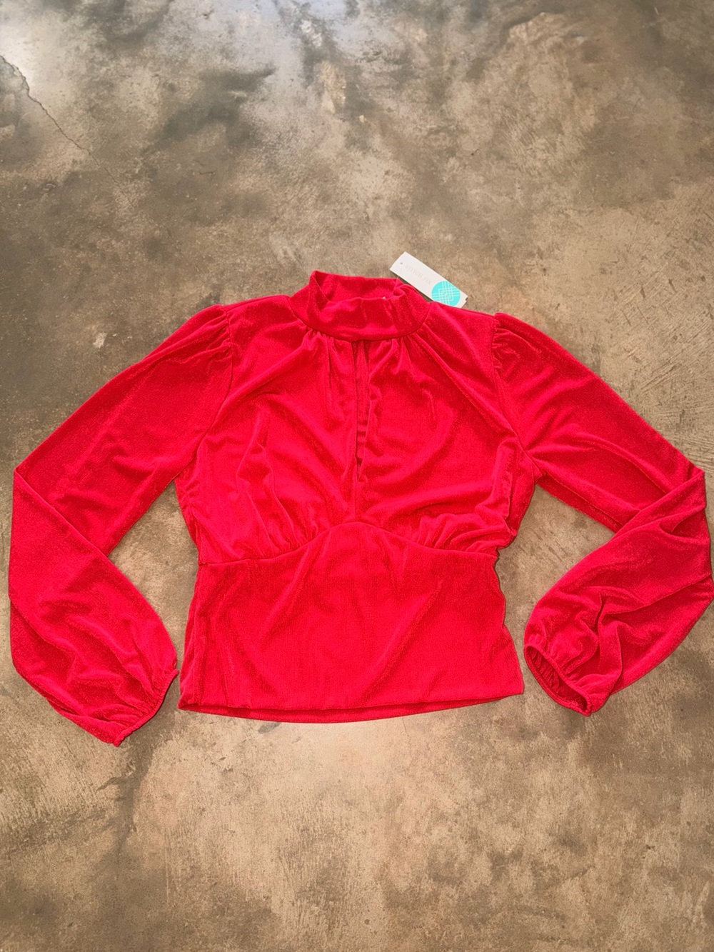 LUSH Cadenza Red Mock Neck Balloon Sleeve Top M NWT Holiday Festive Keyhole